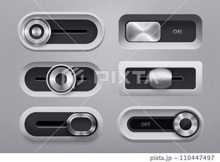 UI interface metal slider bar buttons and switch toggles, realistic vector. Power off and off control slide toggles for UI settings panel menu of media player or music sound volume slider buttons 110447497