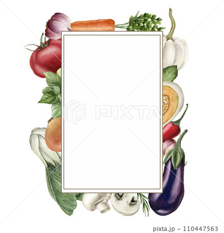 Rectangular vertical frame with vegetables. Watercolor illustration hand painted isolated on white background for design, poster, card, packaging, fabric, textile 110447563