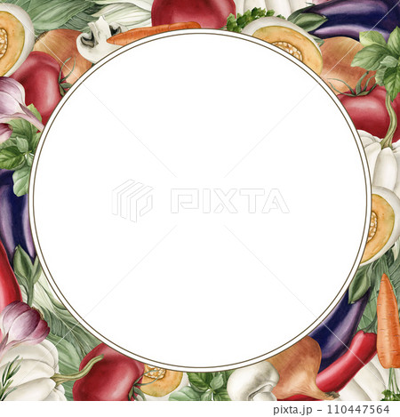 Round frame with fresh vegetables. Watercolor illustration hand painted isolated on white background for design, poster, card, packaging, fabric, textile Round frame with fresh vegetables. Watercolor illustration hand painted isolated on white background for design, poster, card, packaging, fabric, textile 110447564