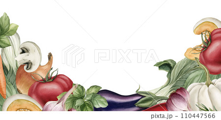 Fresh colorful delicious vegetables. Hand painted horizontal watercolor illustration isolated on white background for design, banner, poster, card, packaging, wallpaper, fabric, textile 110447566