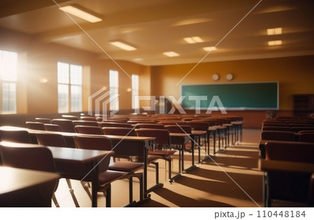Empty defocused university classroom. Blurred school classroom without students with empty chairs and tables. back to school 110448184