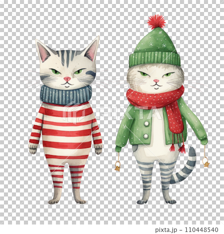Two illustrated cats dressed in winter clothing in a soft, Two illustrated cats dressed in winter clothing in a soft, 110448540