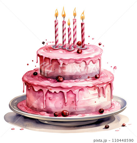 watercolor pink birthday cake with candles isolated 110448590