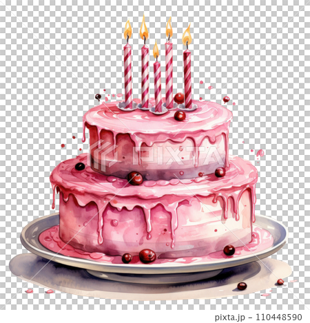 watercolor pink birthday cake with candles isolated 110448590