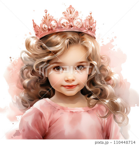 cute watercolor princell in pink dress and gold...のイラスト素材 [110448714 ...