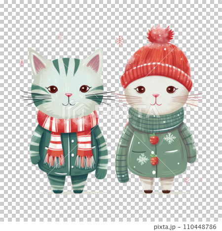 Two illustrated cats dressed in winter clothing in a soft, Two illustrated cats dressed in winter clothing in a soft, 110448786