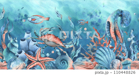 Underwater world clipart with sea animals whale, turtle, octopus, seahorse, starfish, shells, coral and algae. Hand drawn watercolor illustration. Seamless border on a marine background. 110448826