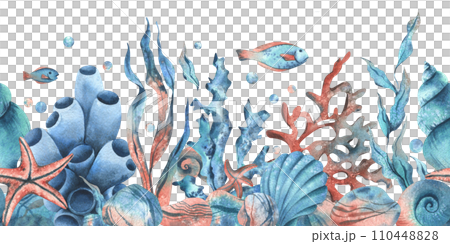 Underwater world clipart with sea animals whale, turtle, octopus, seahorse, starfish, shells, coral and algae. Hand drawn watercolor illustration. Seamless border isolated from the background. Underwater world clipart with sea animals whale, turtle, octopus, seahorse, starfish, shells, coral and algae. Hand drawn watercolor illustration. Seamless border isolated from the background. 110448828