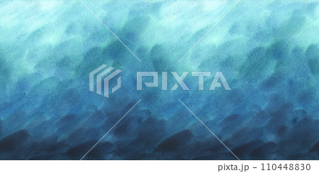 Hand drawn, abstract blue, turquoise watercolor background painting, gradient ocean, sea waves in painted texture with soft washes. Underwater seascape for decoration and design. Seamless border Hand drawn, abstract blue, turquoise watercolor background painting, gradient ocean, sea waves in painted texture with soft washes. Underwater seascape for decoration and design. Seamless border 110448830