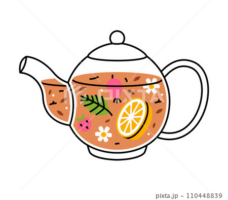 Aromatic Tea Brewing with Hot Drink in Glass Teapot with Spout and Handle Vector Illustration Aromatic Tea Brewing with Hot Drink in Glass Teapot with Spout and Handle Vector Illustration 110448839