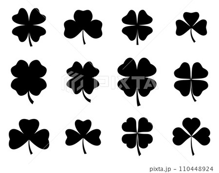 Clover leaves icon set isolated on white background. Black silhouettes of clovers for St. Patrick's Day. Four-leaf and three-leaf clovers for good luck. Vector illustration Clover leaves icon set isolated on white background. Black silhouettes of clovers for St. Patrick's Day. Four-leaf and three-leaf clovers for good luck. Vector illustration 110448924