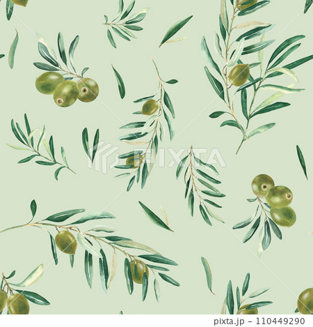 Watercolor seamless pattern with branches of green olives on a green background. Can be used for textile, wallpaper prints, kitchen, food and cosmetic design. 110449290
