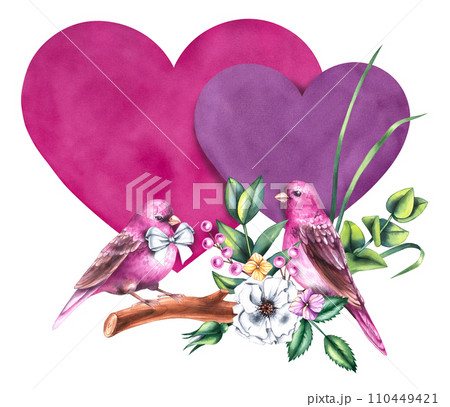 Watercolor Valentines day bouquet with bouquets of flowers, birds and flowers isolated on white 110449421
