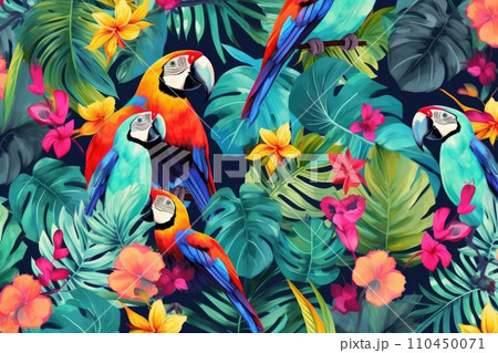 AI-generated content. Tropical exotic pattern with animal and flowers in bright colors and lush vegetation. Ai Generative. 110450071
