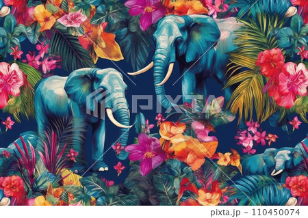 AI-generated content. Tropical exotic pattern with animal and flowers in bright colors and lush vegetation. Ai Generative. AI-generated content. Tropical exotic pattern with animal and flowers in bright colors and lush vegetation. Ai Generative. 110450074