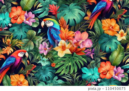 AI-generated content. Tropical exotic pattern with animal and flowers in bright colors and lush vegetation. Ai Generative. 110450075