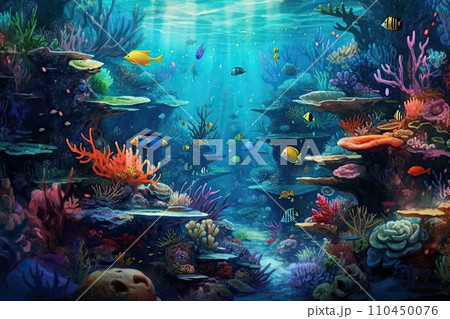 AI-generated content. Tropical sea underwater fishes on coral reef. Aquarium oceanarium wildlife colorful marine panorama landscape nature snorkel diving. AI Generative. 110450076