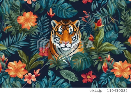 AI-generated content. Tropical exotic pattern with animal and flowers in bright colors and lush vegetation. Ai Generative. 110450083
