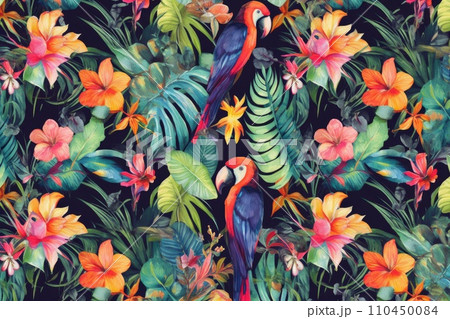 AI-generated content. Tropical exotic pattern with animal and flowers in bright colors and lush vegetation. Ai Generative. 110450084