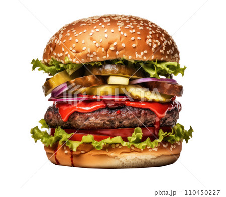 a large burger set against isolated 110450227