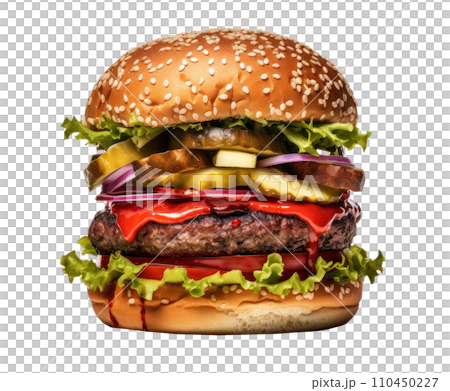 a large burger set against isolated 110450227