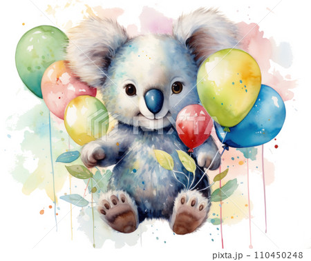 image of koala with balloons and holding a baby 110450248