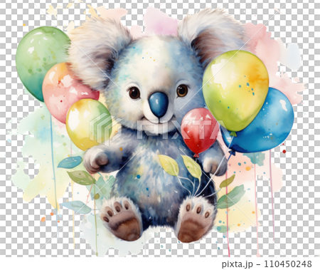 image of koala with balloons and holding a baby 110450248