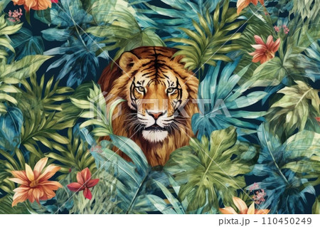 AI-generated content. Tropical exotic pattern with animal and flowers in bright colors and lush vegetation. Ai Generative. 110450249