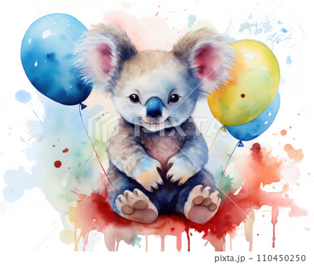 image of koala with balloons and holding a baby 110450250