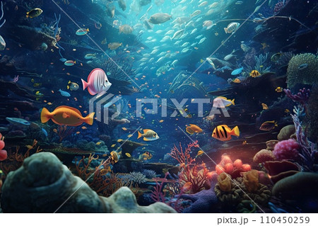 AI-generated content. Tropical sea underwater fishes on coral reef. Aquarium oceanarium wildlife colorful marine panorama landscape nature snorkel diving. AI Generative. 110450259
