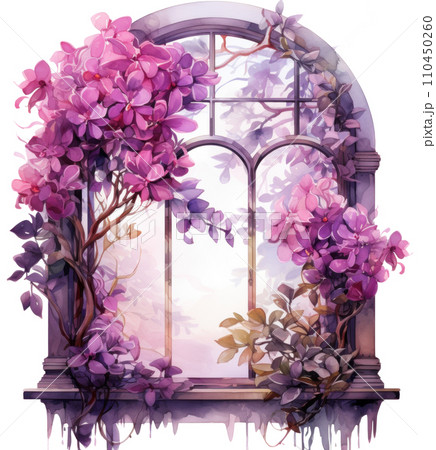 a watercolor drawing of an old window with flowers and trees isolated 110450260
