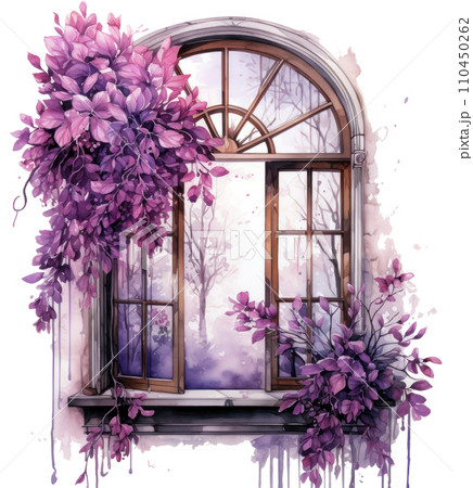 a watercolor drawing of an old window with flowers and trees isolated 110450262