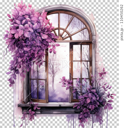 a watercolor drawing of an old window with flowers and trees isolated 110450262