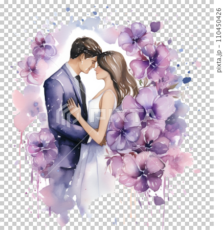 watercolor wedding scene of the flower petals in background with purple flowers watercolor wedding scene of the flower petals in background with purple flowers 110450426