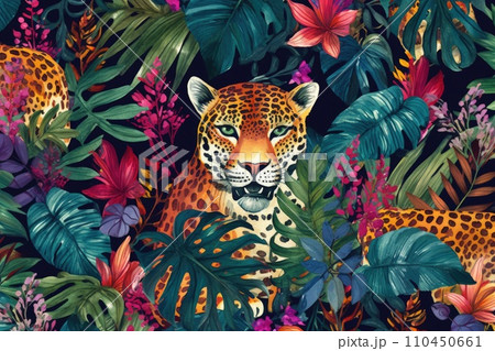 AI-generated content. Tropical exotic pattern with animal and flowers in bright colors and lush vegetation. Ai Generative. 110450661