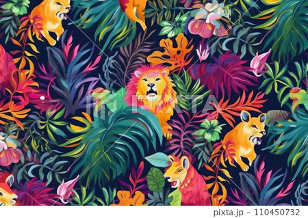 AI-generated content. Tropical exotic pattern with animal and flowers in bright colors and lush vegetation. Ai Generative. 110450732