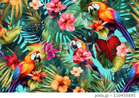 AI-generated content. Tropical exotic pattern with animal and flowers in bright colors and lush vegetation. Ai Generative. 110450895