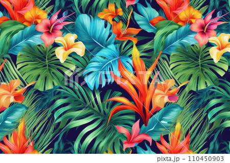 AI-generated content. Tropical exotic pattern with animal and flowers in bright colors and lush vegetation. Ai Generative. 110450903