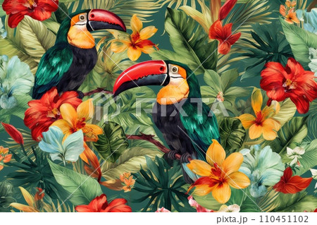 AI-generated content. Tropical exotic pattern with animal and flowers in bright colors and lush vegetation. Ai Generative. 110451102