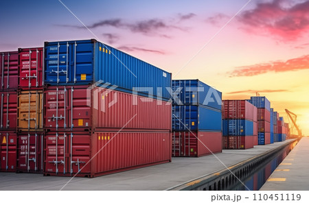 Shipping containers in sea port on sunse. Logistics concept. Freight shipping 110451119