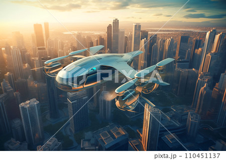 Flying car in sky. Electric air car flight above a cityscape. Flying car in sky. Electric air car flight above a cityscape. 110451137