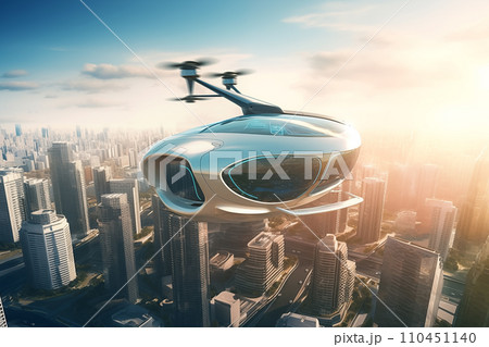 Flying car in sky. Electric air car flight above a cityscape.  110451140