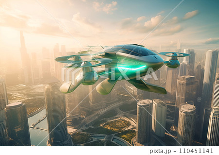 Flying car in sky. Electric air car flight above a cityscape. Flying car in sky. Electric air car flight above a cityscape. 110451141