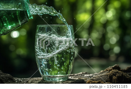Drink water pouring in to glass mug from water plastic bottle on green background. Drink water pouring in to glass mug from water plastic bottle on green background. 110451185