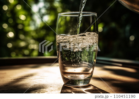 Drink water pouring in to glass mug from water plastic bottle on green background. Drink water pouring in to glass mug from water plastic bottle on green background. 110451190