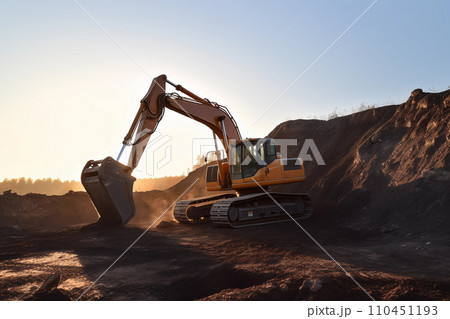 Excavator on earthmoving at open pit mining on sunset.  110451193