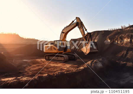 Excavator on earthmoving at open pit mining on sunset. Excavator on earthmoving at open pit mining on sunset. 110451195