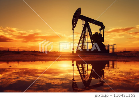Oil drill rig and drilling derrick. Crude oil Pumpjack on oilfield on sunset. 110451355