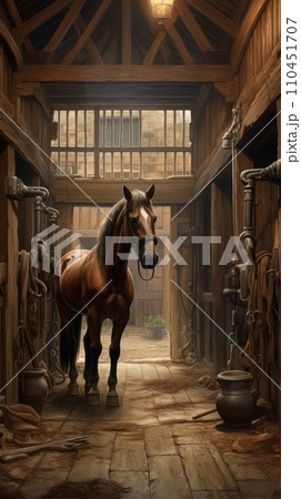 Stable with horses in the backyard of a country house 110451707