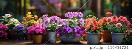 Beautiful colorful variety of spring and summer flowers in pots on the patio, banner Beautiful colorful variety of spring and summer flowers in pots on the patio, banner 110451721